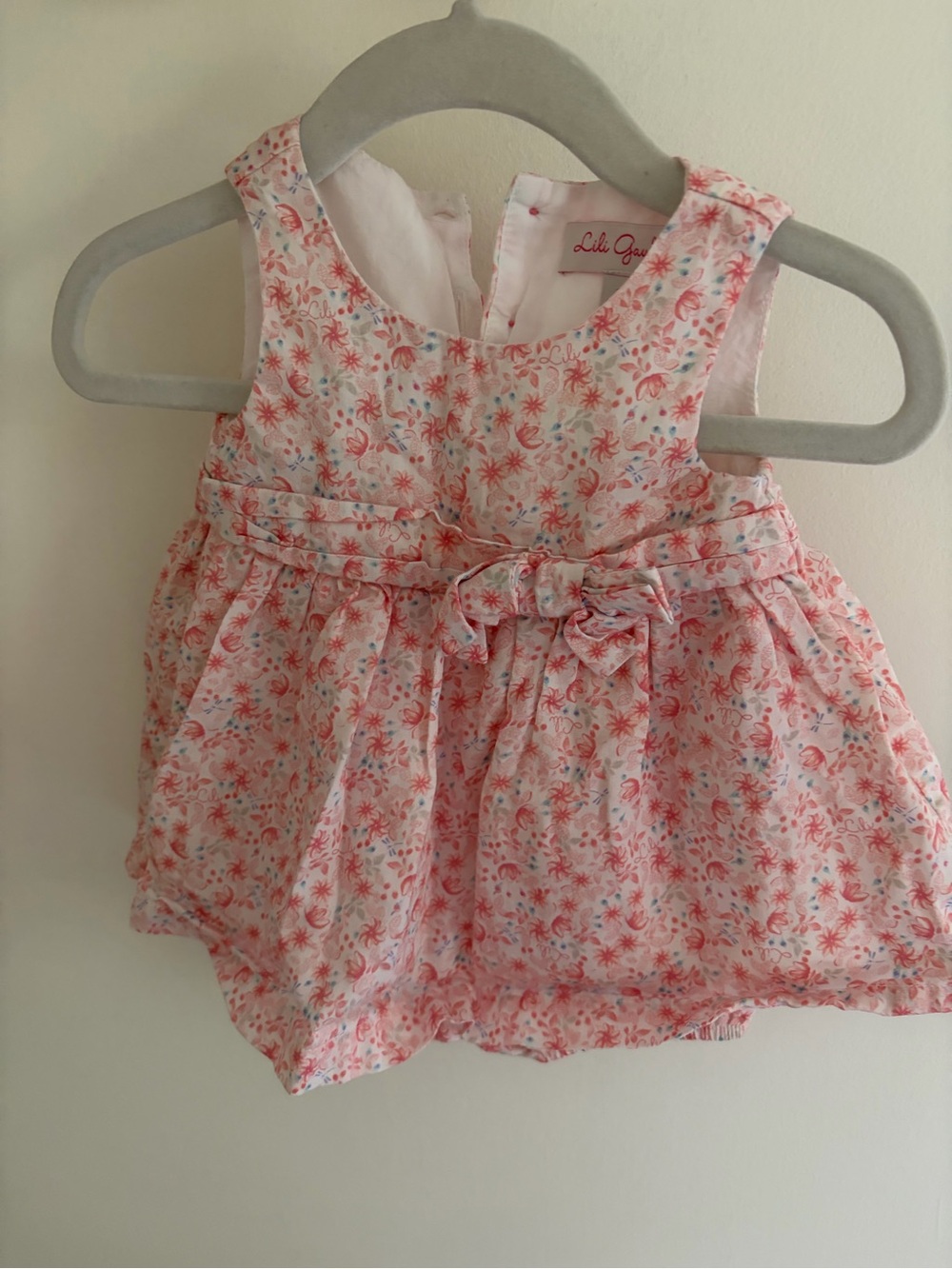 Lili Gaufrette Pink & White Floral Baby Dress with Bow Detail